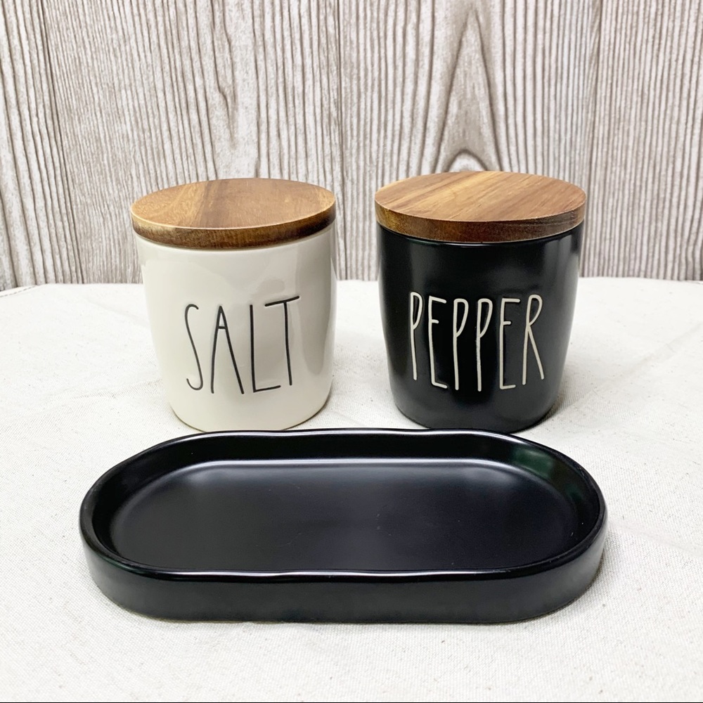 NWT🖤Rae Dunn 3pc 🧂SALT & PEPPER Set with Tray - Picture 7 of 8
